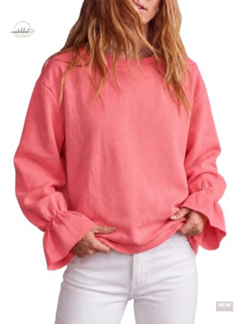 Oversized Crew Neck Sweatshirt Fleece Ruffle Sleeve Pullover